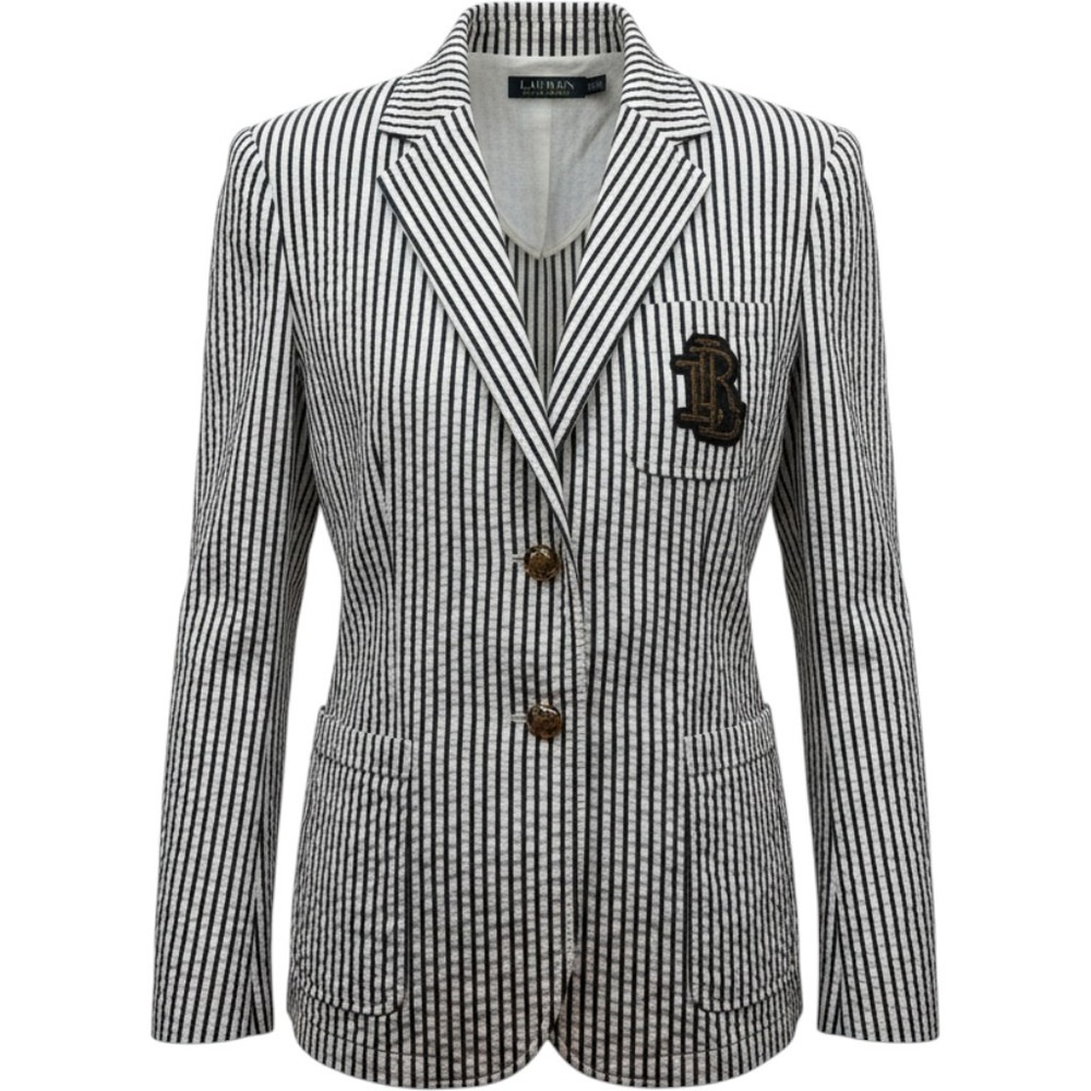 Lauren Ralph Lauren Striped Seersucker Blazer Navy White Gold Button Crest 6